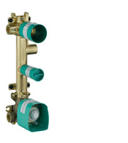 Brass thermostatic valve module with three teal cartridge chambers and threaded connection ports for shower installation.