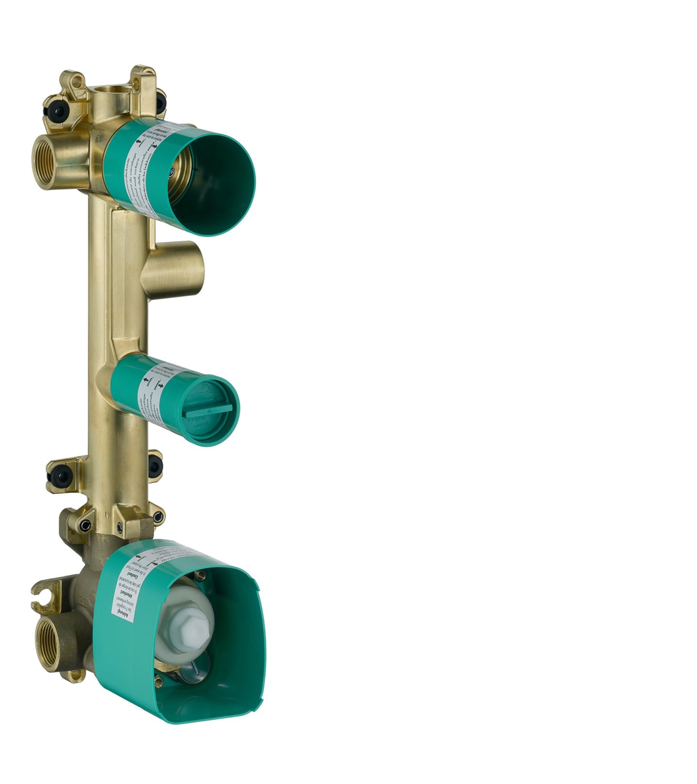 Brass thermostatic valve module with three teal cartridge chambers and threaded connection ports for shower installation.
