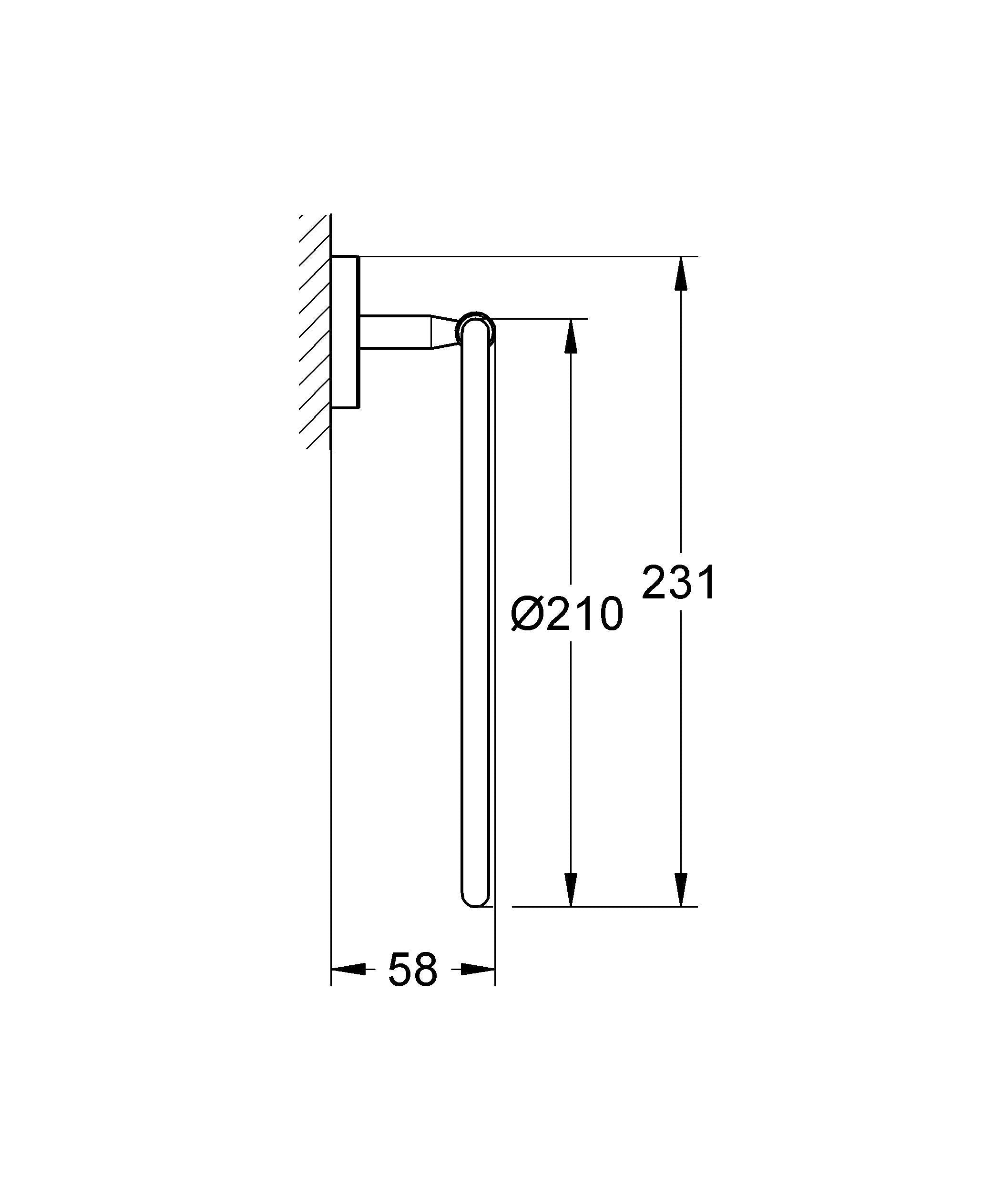 Chrome towel ring with wall mounting bracket and curved hanging loop, technical dimension drawing.