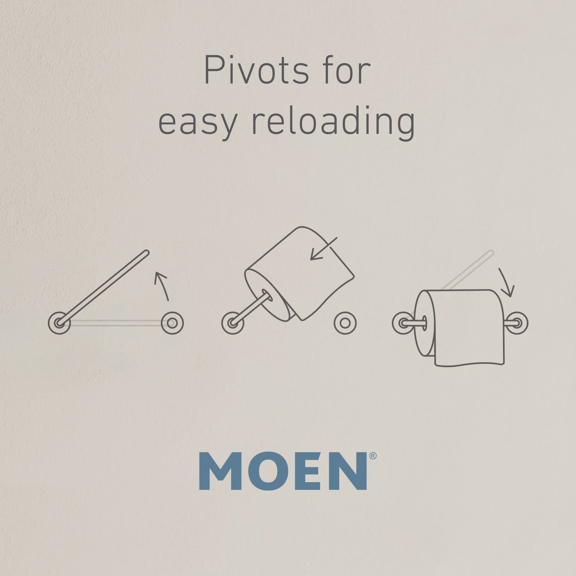 Line drawings showing three bathroom accessories with pivot mechanisms for towel bar, soap dispenser, and toilet paper holder