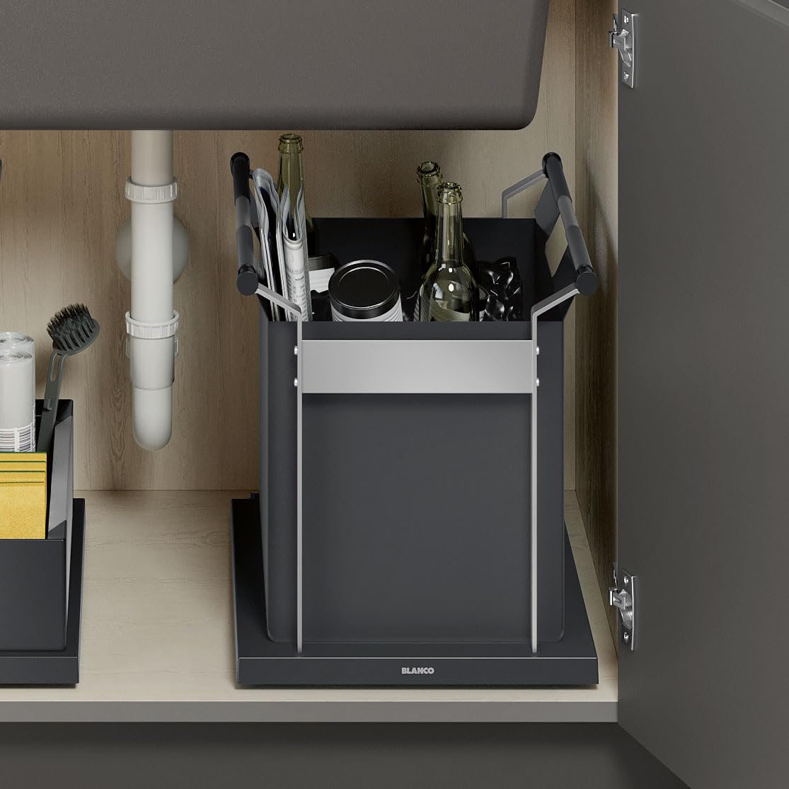 Large black and gray storage bag with handles containing kitchen utensils, bottles, and containers under a sink.