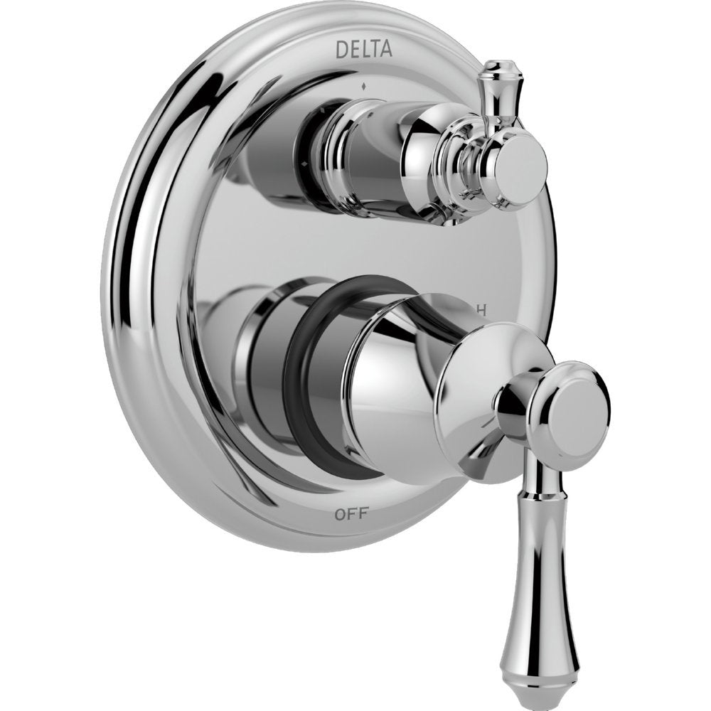 Chrome Delta shower valve trim with two handles and integrated diverter control on circular escutcheon plate.