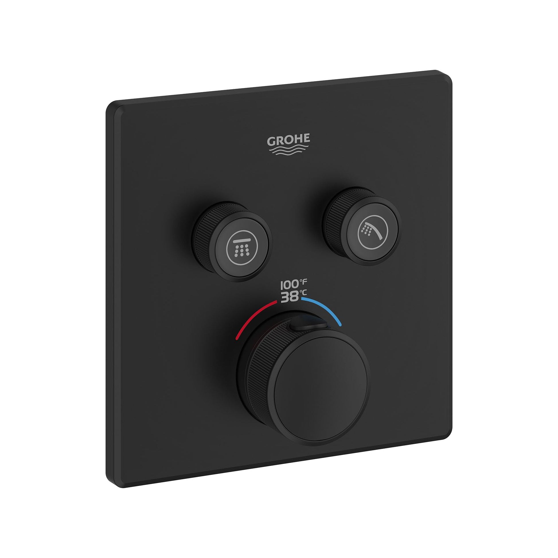 Matte black thermostatic valve trim with two upper controls and large central dial showing temperature display in Fahrenheit 