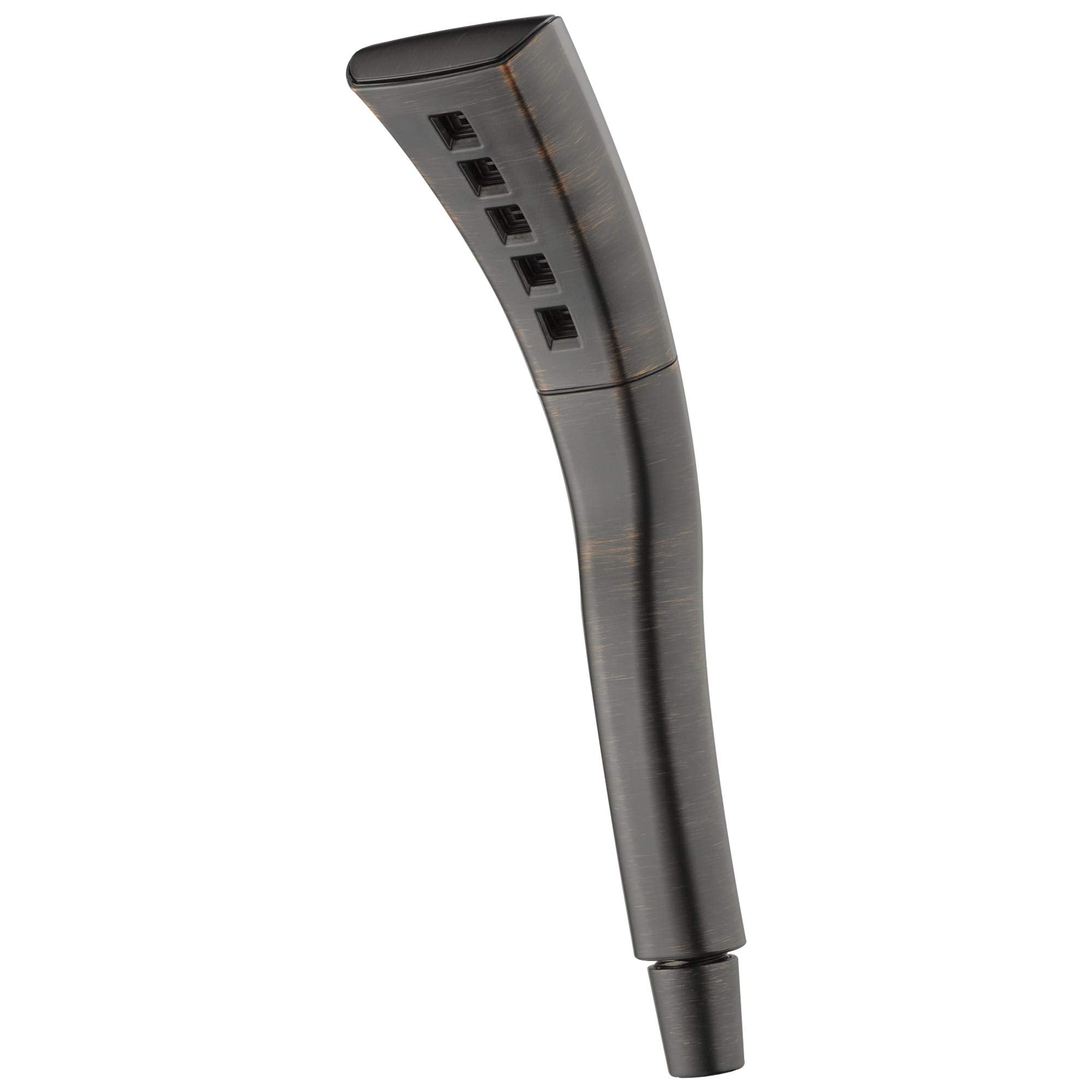 Gunmetal gray hand shower with curved handle and rectangular head featuring five spray jets on angled face.