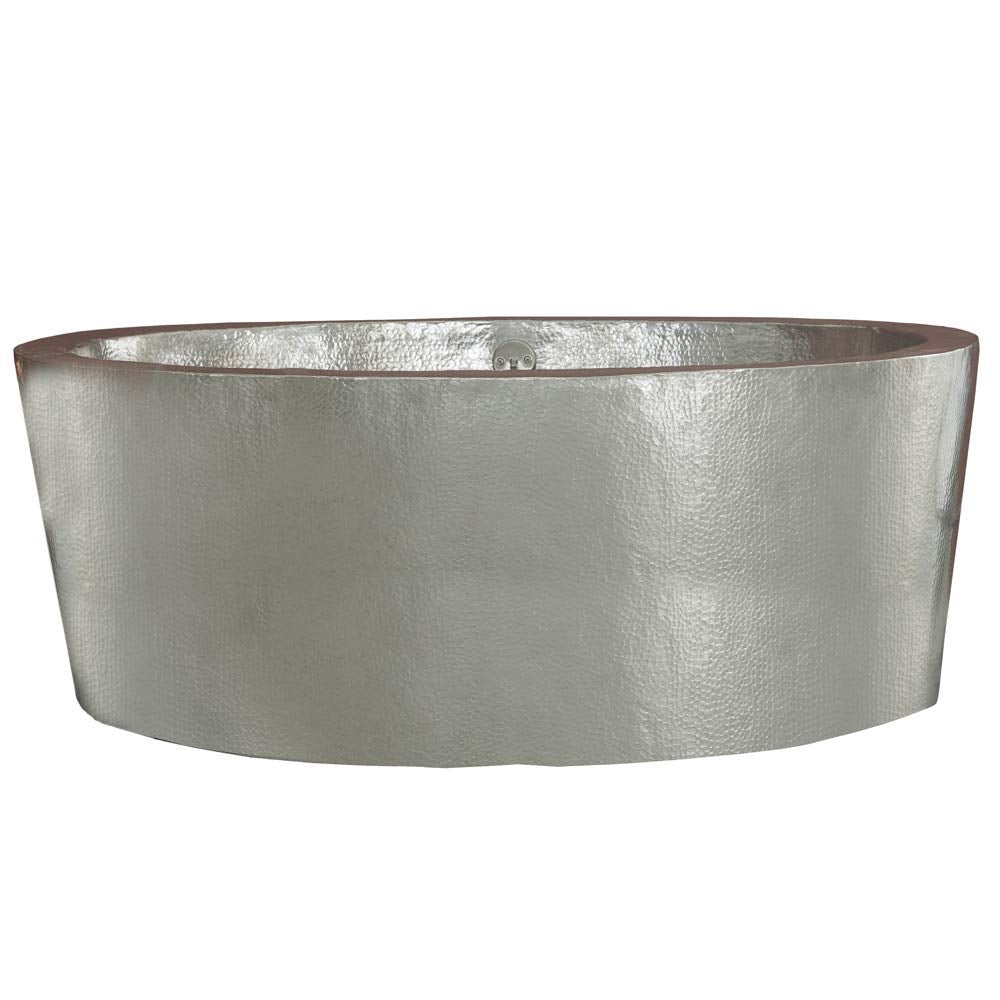 Hammered copper freestanding bathtub with textured surface and gently sloped sides.