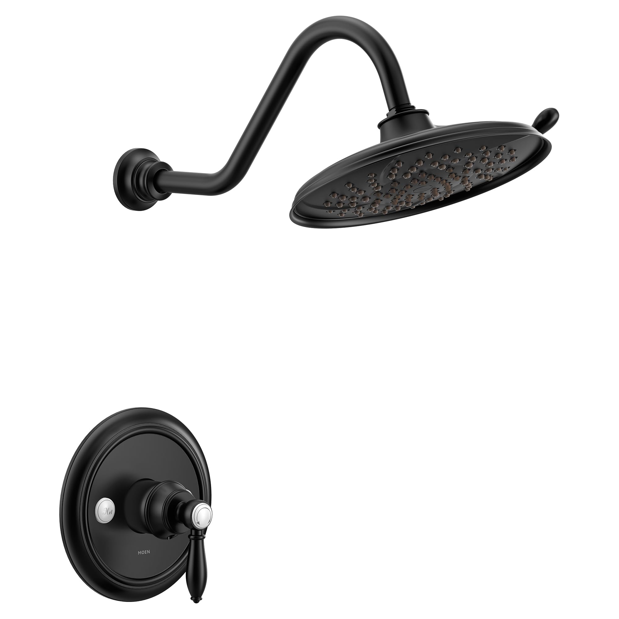 Matte black shower trim kit with curved arm, oval showerhead with perforations, and single-handle wall valve.