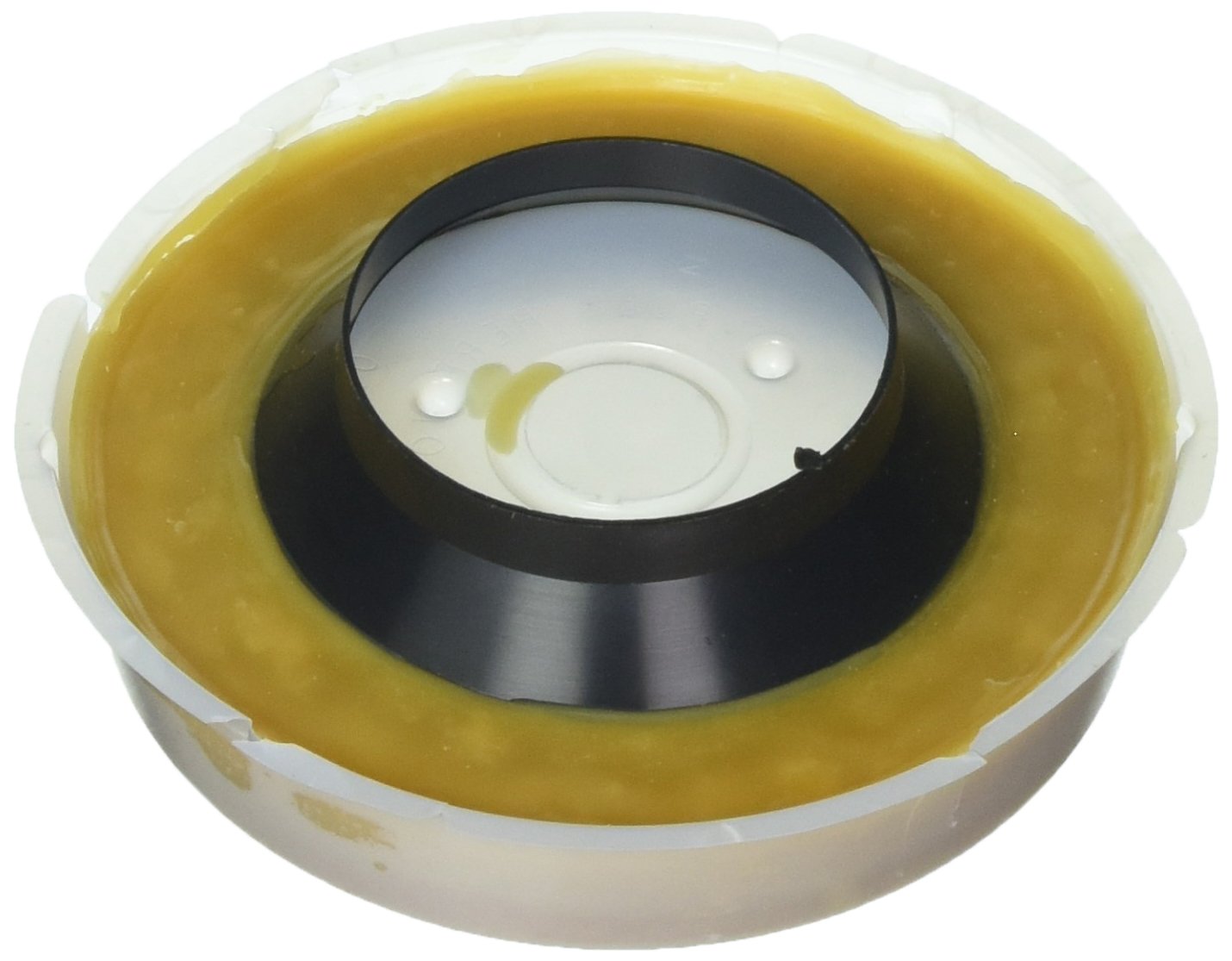 Oatey Johni-Ring with yellow wax ring and black plastic horn for toilet flange installation.