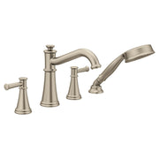 Brushed nickel two-handle roman tub faucet with curved spout and detachable hand shower on deck-mounted base.