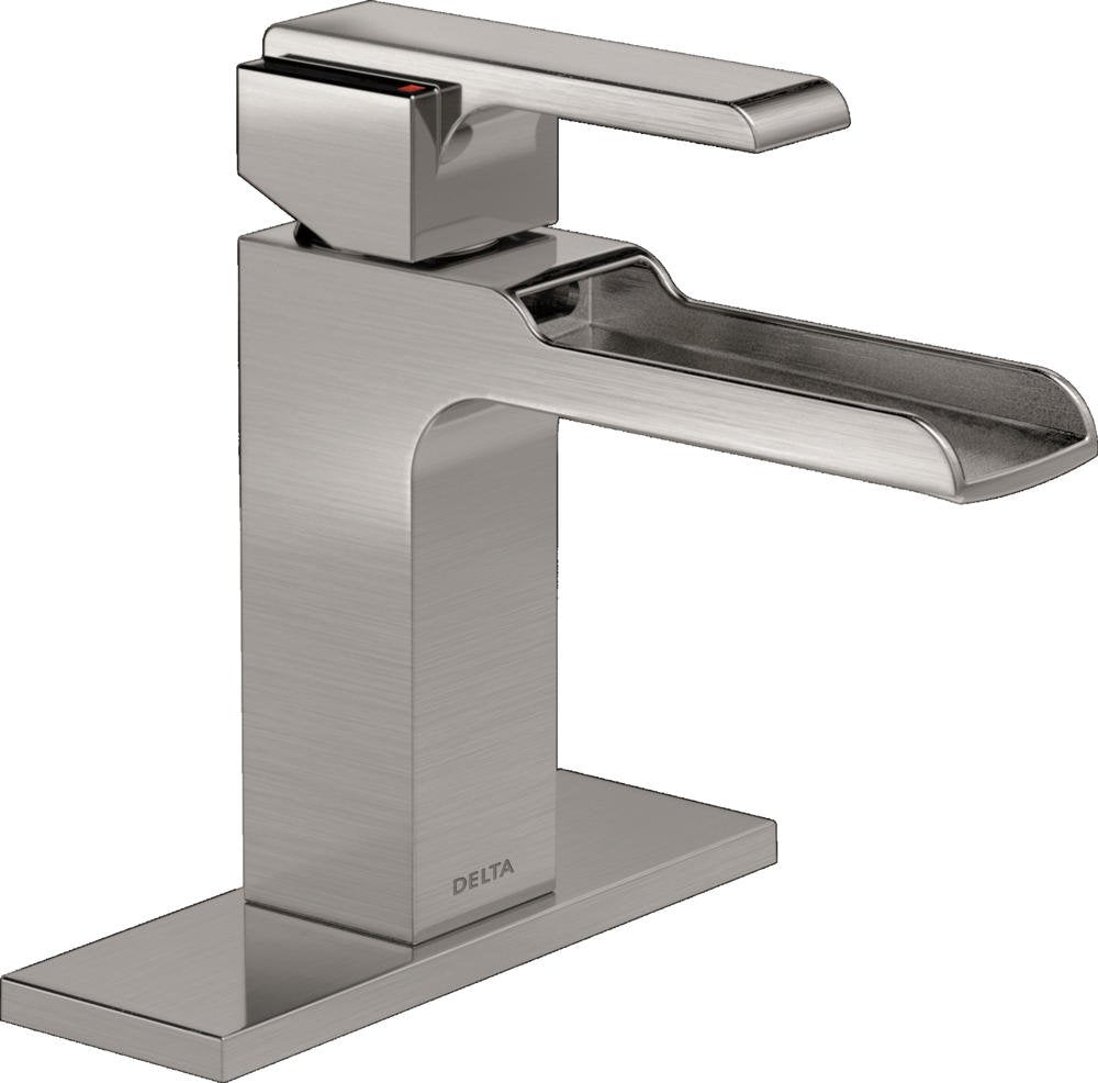 Brushed nickel single-handle bathroom faucet with rectangular spout and matching base plate.