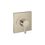 Brushed nickel square pressure balance valve trim with round lever handle and "HOT" indicator marking.