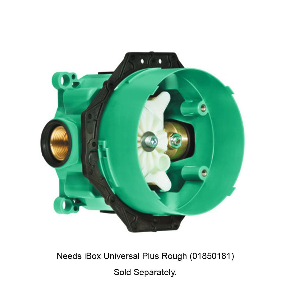 Green pressure balance valve body with brass inlet connection and black mounting bracket visible from front.