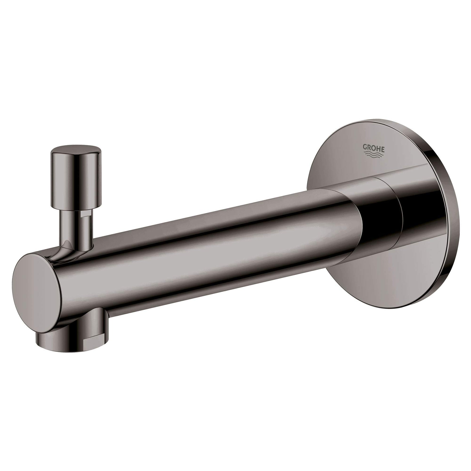 Dark gray cylindrical diverter tub spout with wall-mounted flange and lever handle on left side.