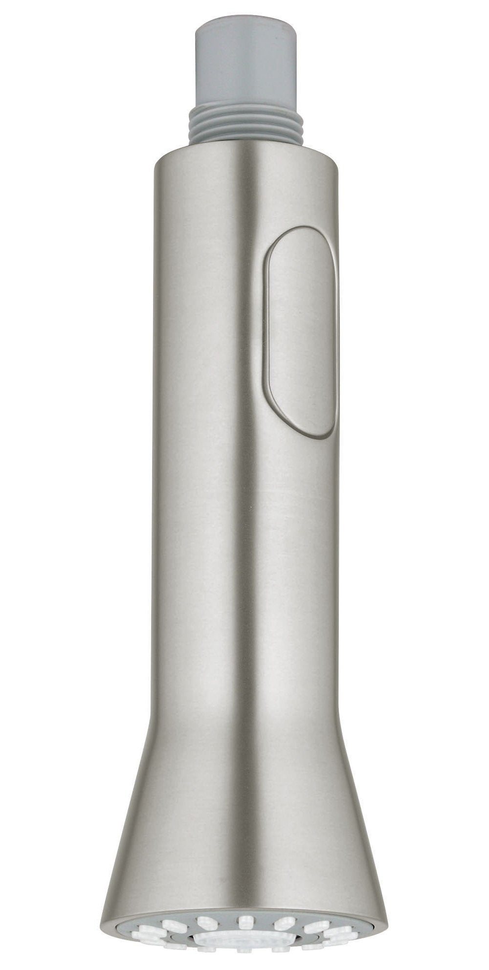 Supersteel pull-out spray head with gray rubber collar and grip indent, featuring multiple water outlet holes at base.