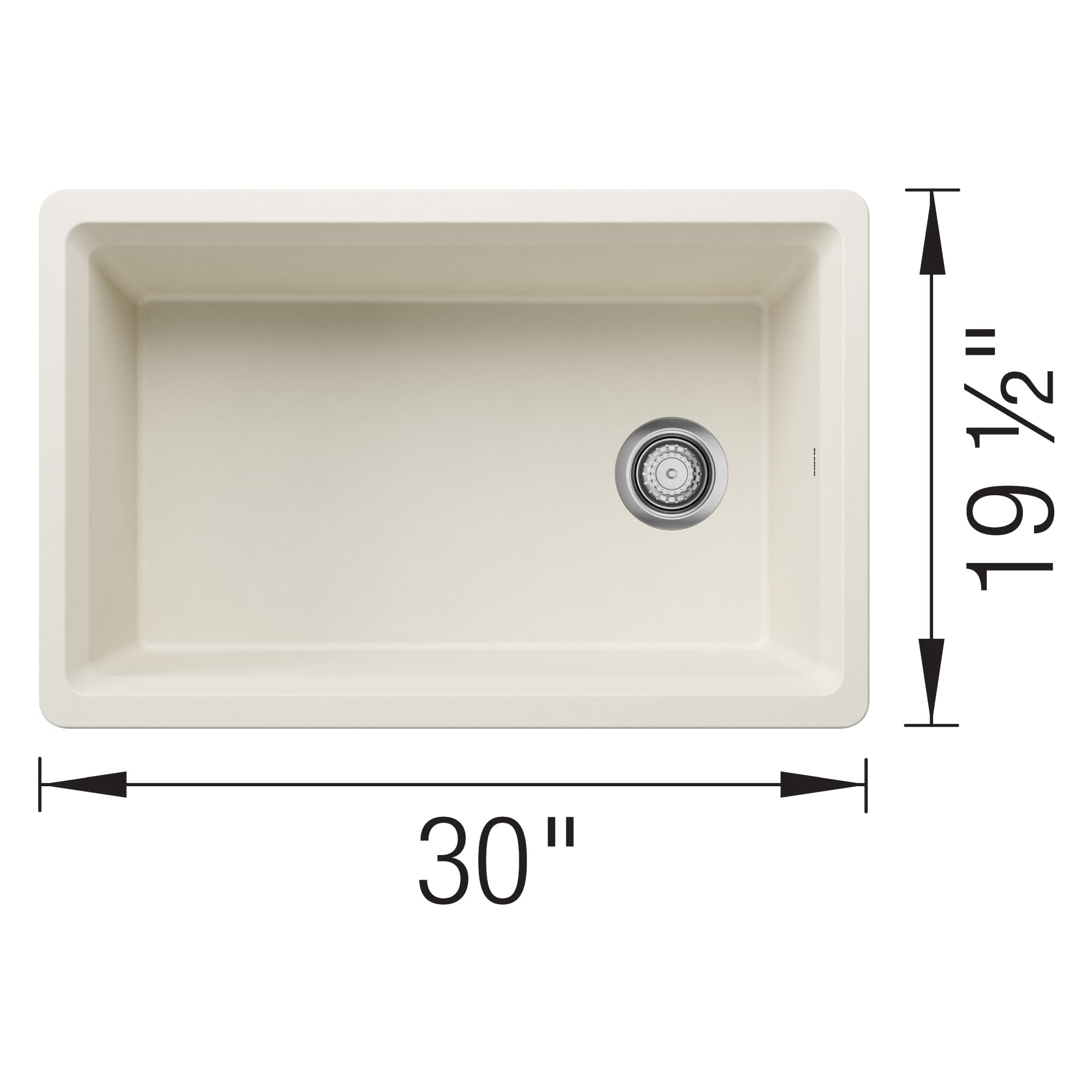 Soft white single-bowl undermount kitchen sink with drain strainer, 30 inches wide and 19.5 inches deep.