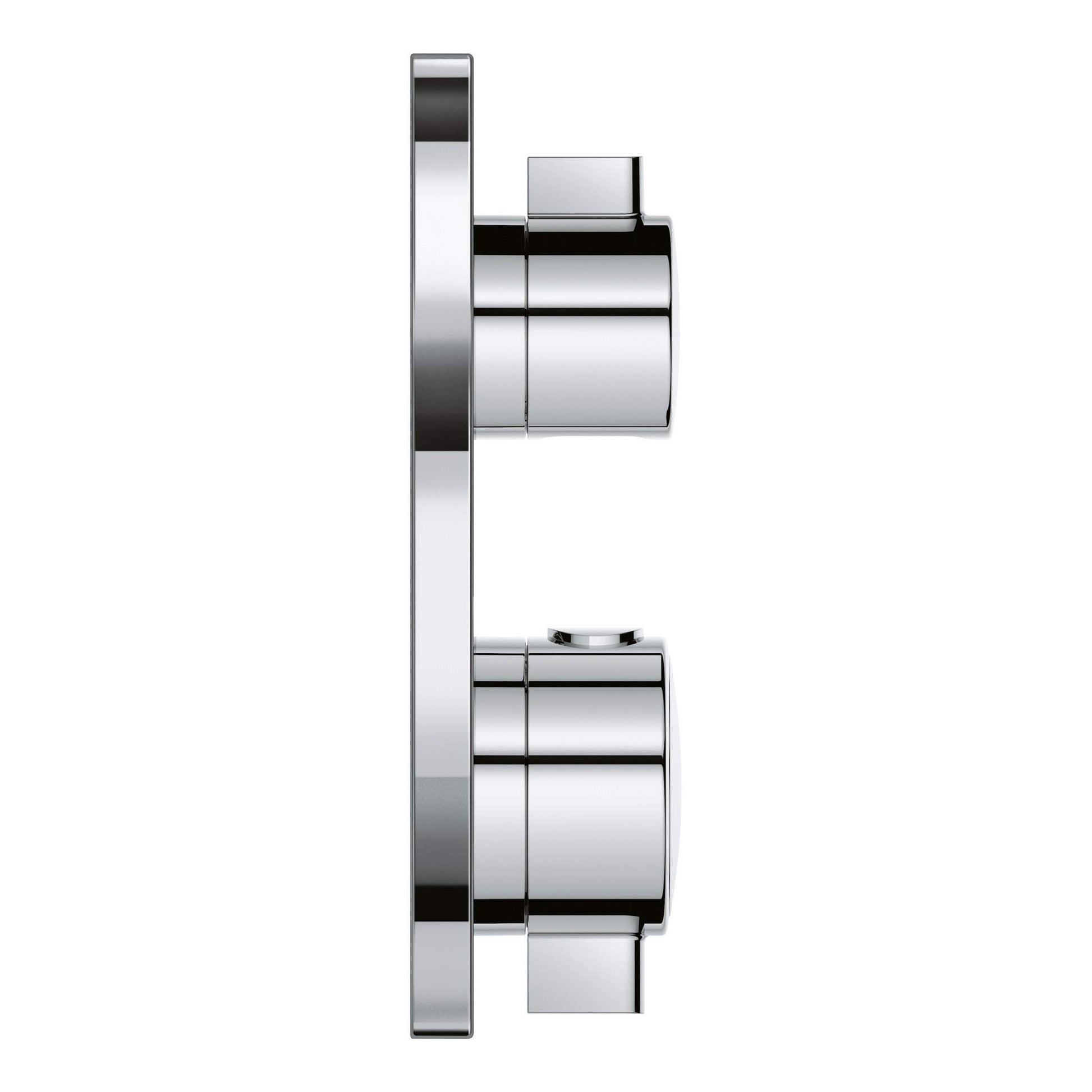 Chrome thermostatic valve trim with two square handles mounted vertically on a rectangular plate.