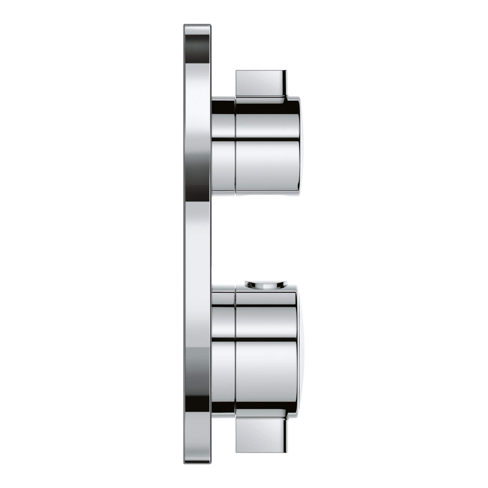 Chrome thermostatic valve trim with two square handles mounted vertically on a rectangular plate.