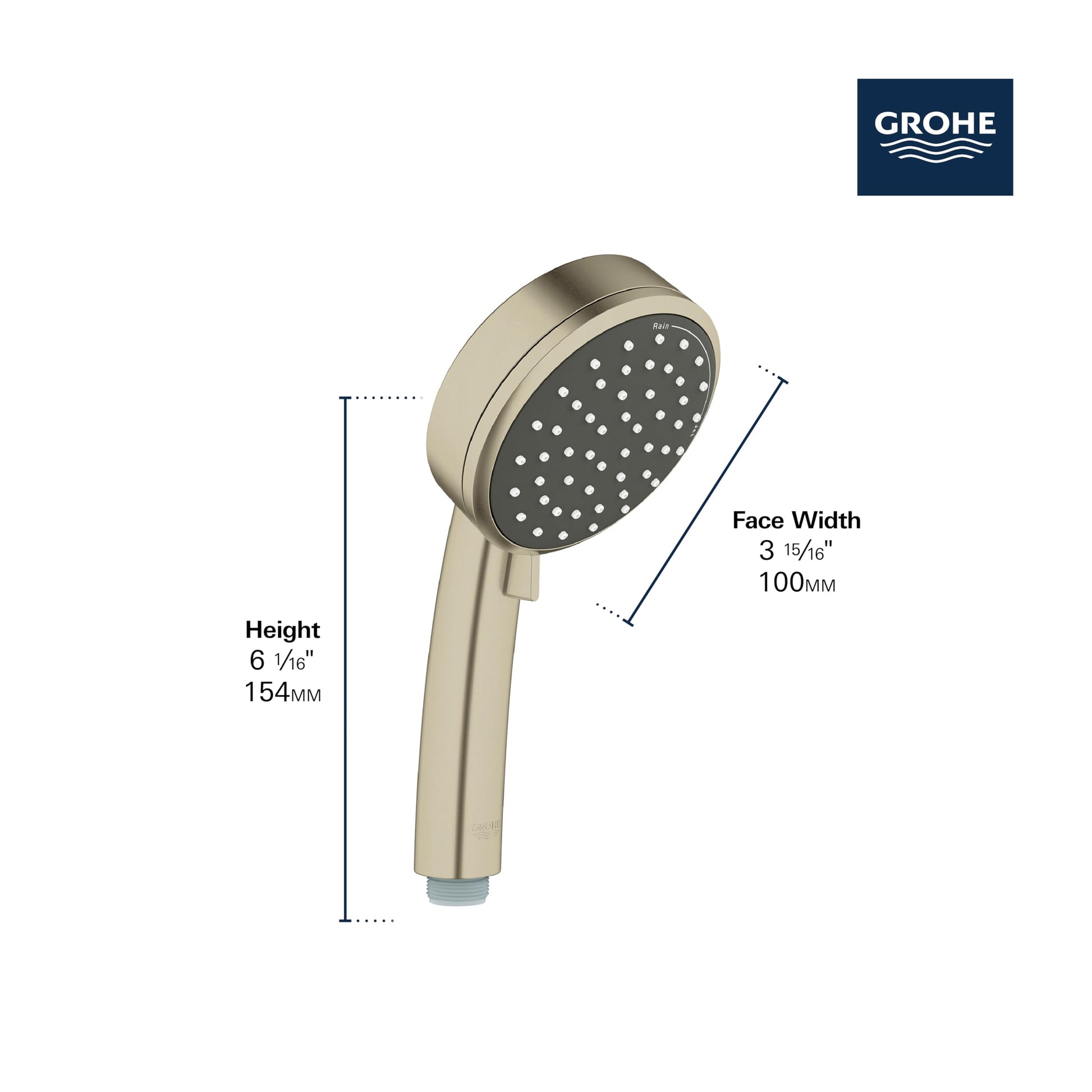 Grohe brushed nickel handheld shower head with round face and integrated handle, featuring dimension specifications.