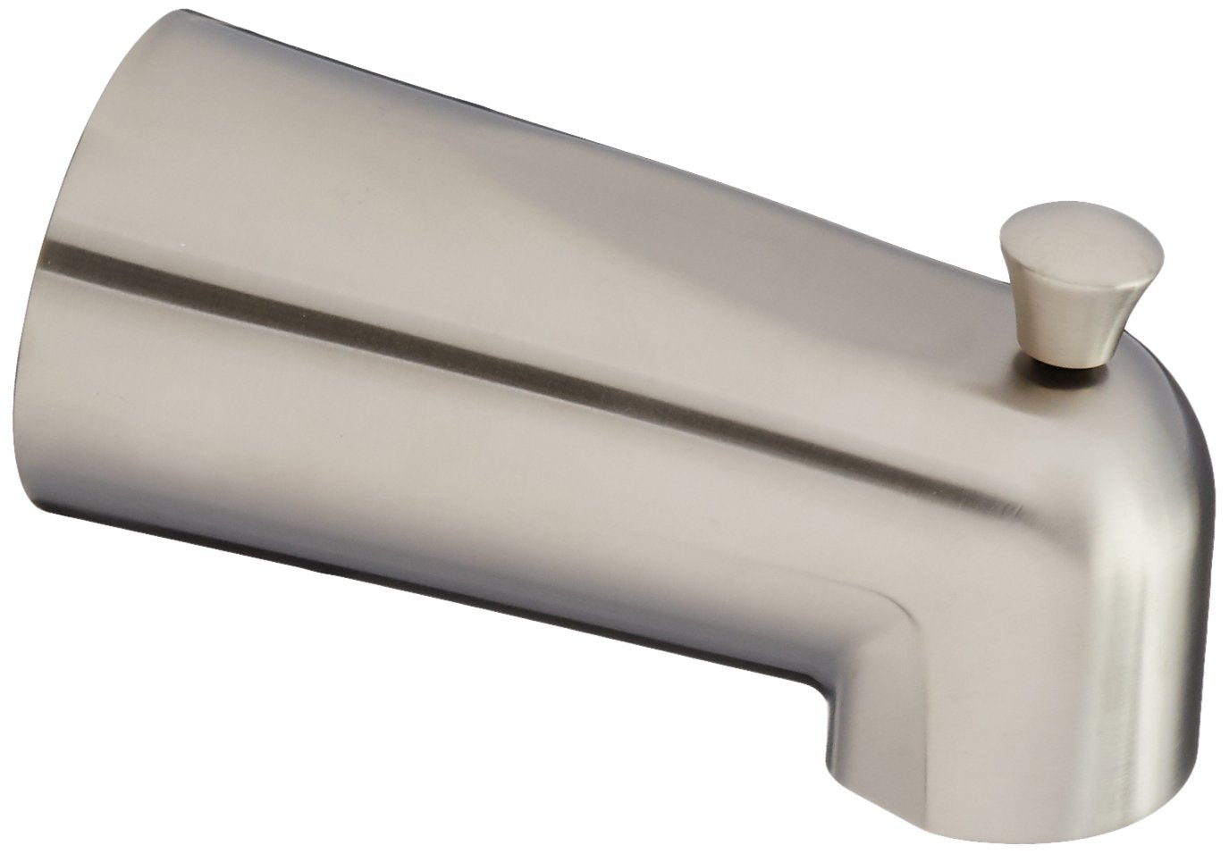 Stainless steel tub spout with curved body, angled outlet, and pull-up diverter knob on top.