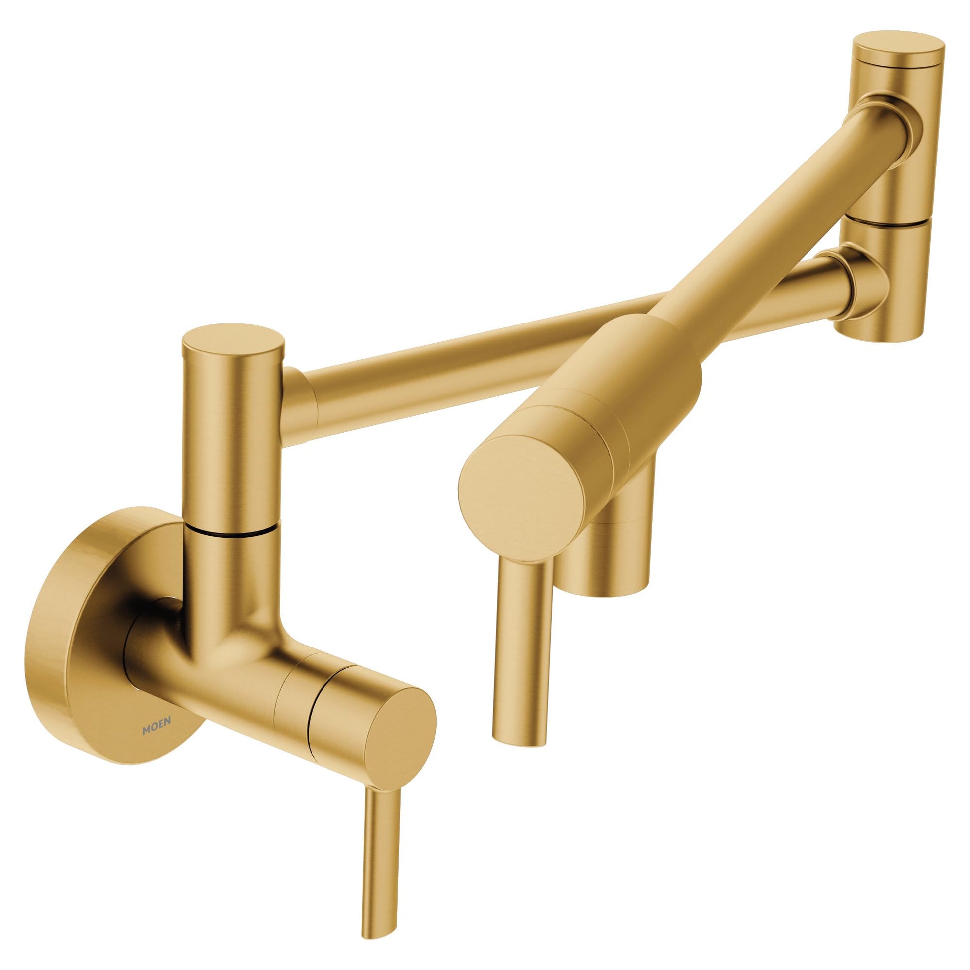 Brushed gold wall-mounted pot filler faucet with double-jointed folding swing arm and lever handle.