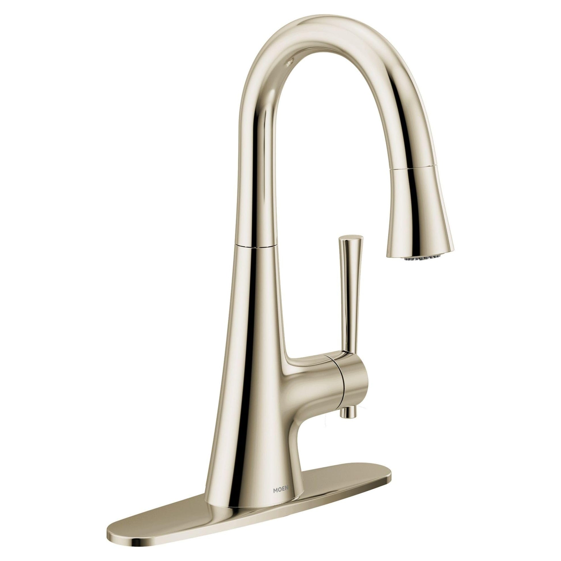 Polished nickel kitchen faucet with curved spout, single handle, and pulldown sprayer head on rectangular base.