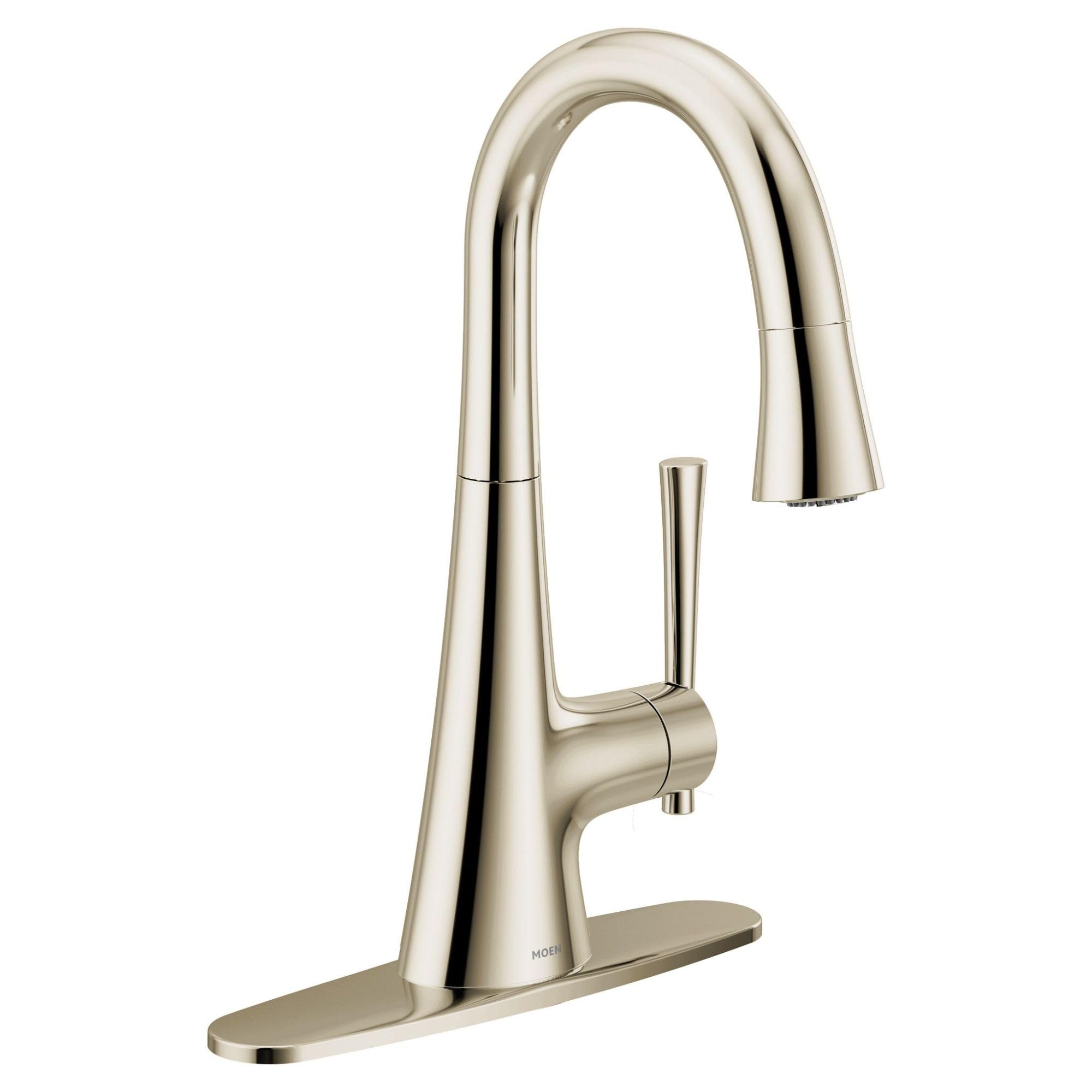 Polished nickel kitchen faucet with curved spout, single handle, and pulldown sprayer head on rectangular base.