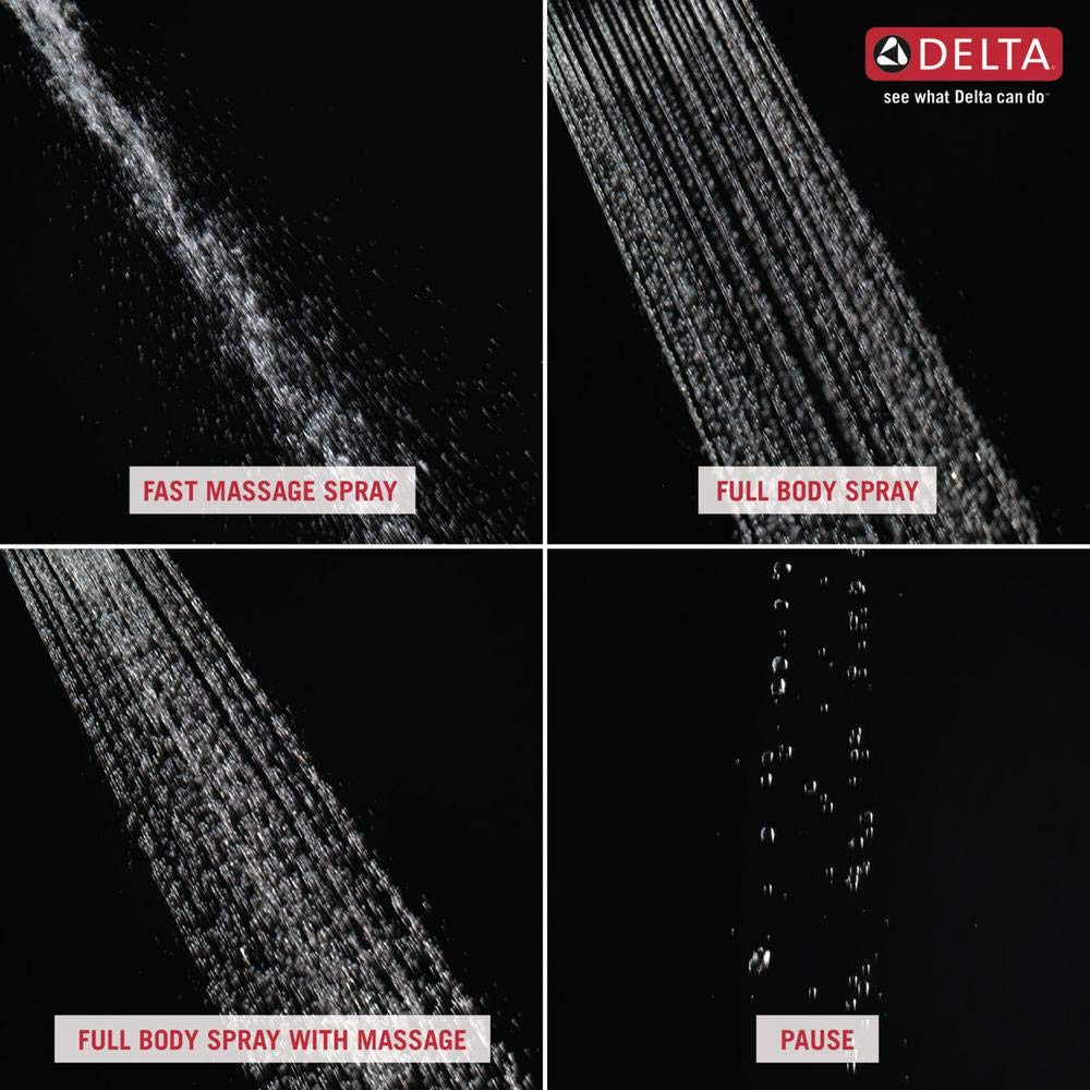 Four water spray patterns from chrome shower head: fast massage spray, full body spray, full body spray with massage, and pau