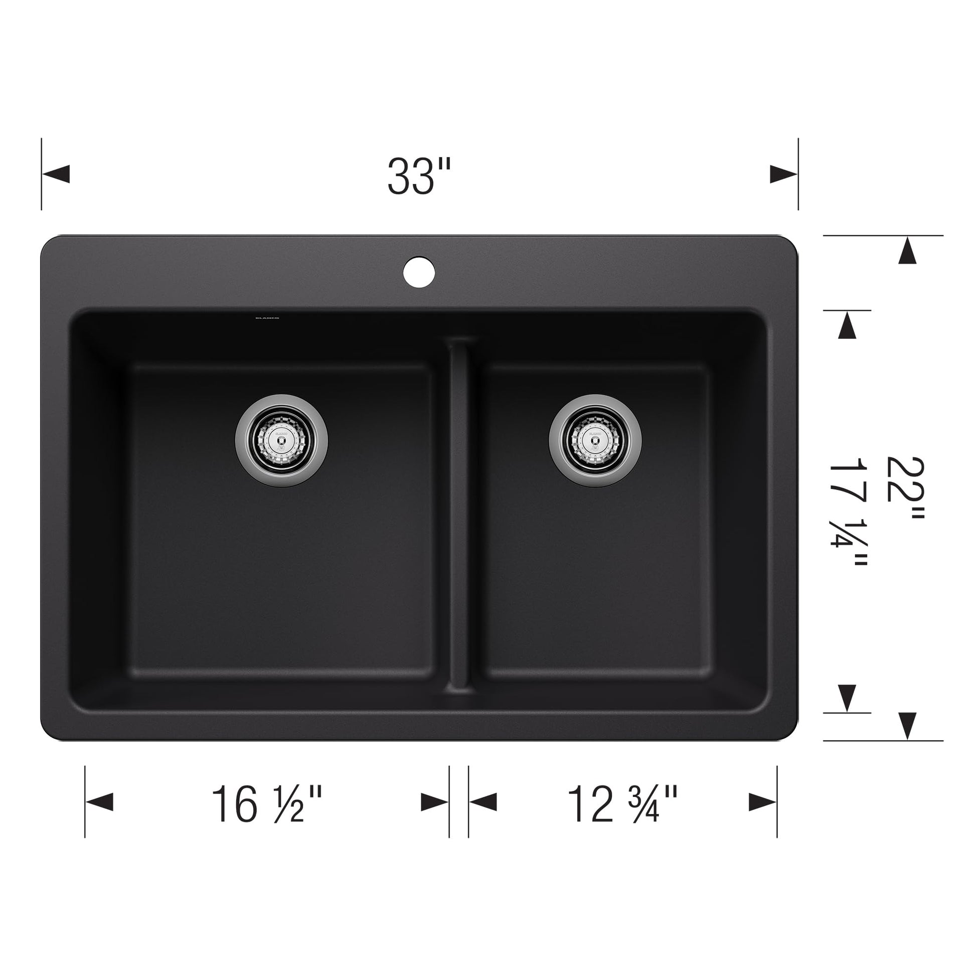 Coal black dual-mount sink with two bowls separated by low divider and chrome drain strainers, 33" width.