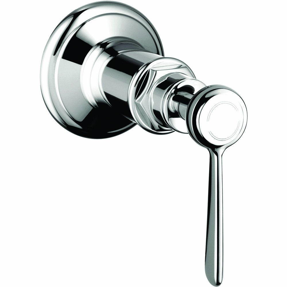 Chrome volume control trim with single lever handle and circular escutcheon plate for bathroom or kitchen use.