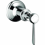 Chrome volume control trim with single lever handle and circular escutcheon plate for bathroom or kitchen use.