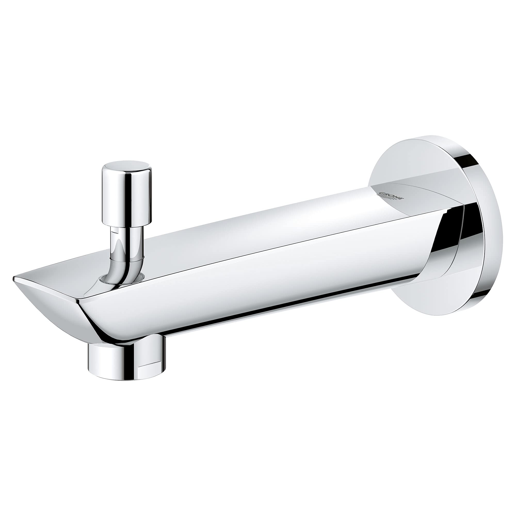 Chrome diverter tub spout with cylindrical handle and wall-mounted escutcheon plate.