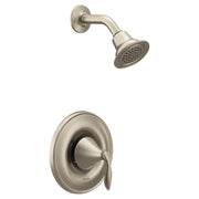 Brushed nickel shower trim kit with single lever handle and round showerhead with perforated spray pattern.