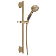 Champagne bronze slide bar hand shower with perforated shower head, adjustable bracket, and flexible hose with control lever.