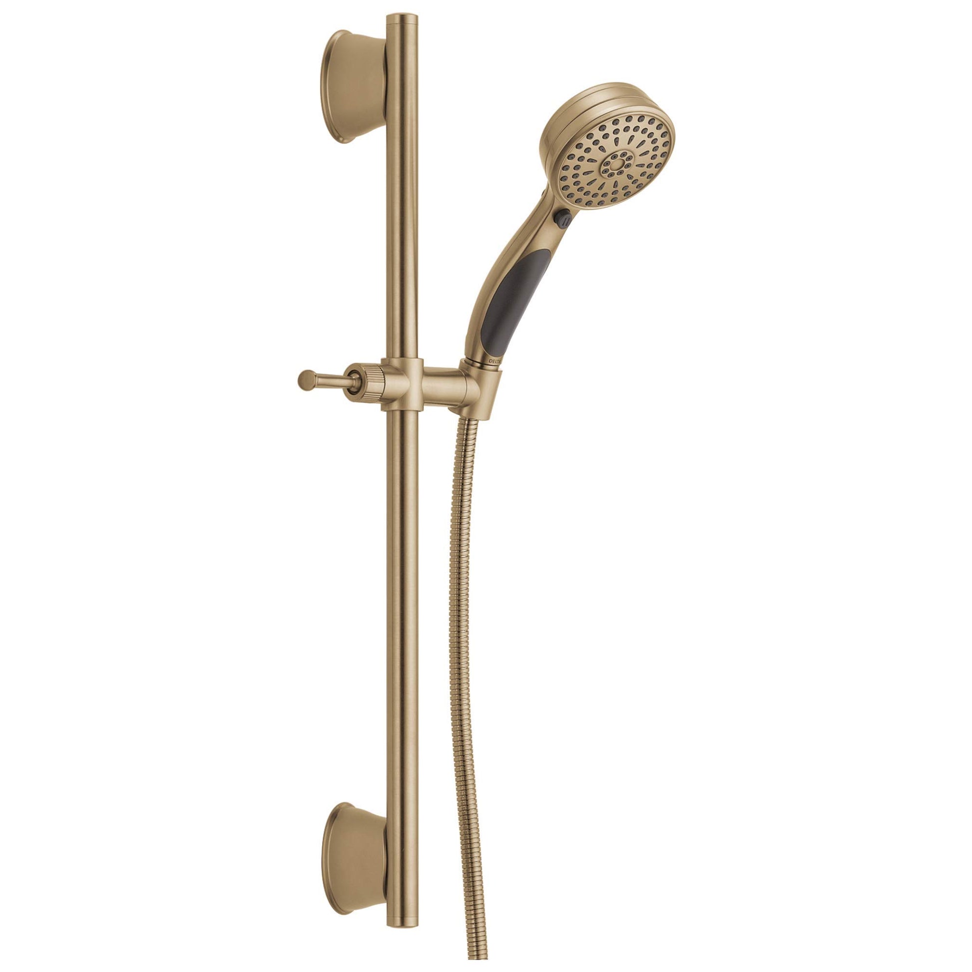 Champagne bronze slide bar hand shower with perforated shower head, adjustable bracket, and flexible hose with control lever.