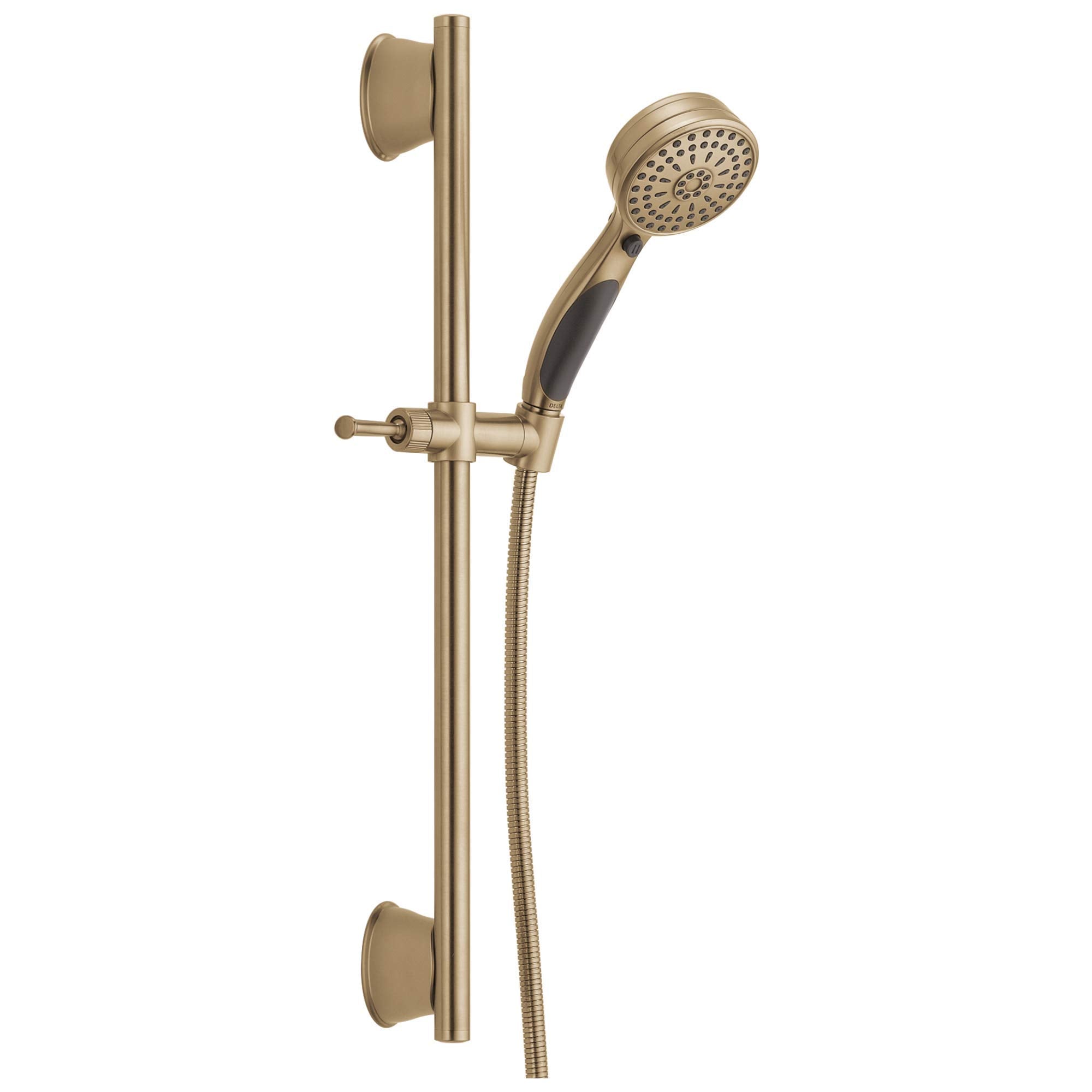 Champagne bronze slide bar hand shower with perforated shower head, adjustable bracket, and flexible hose with control lever.