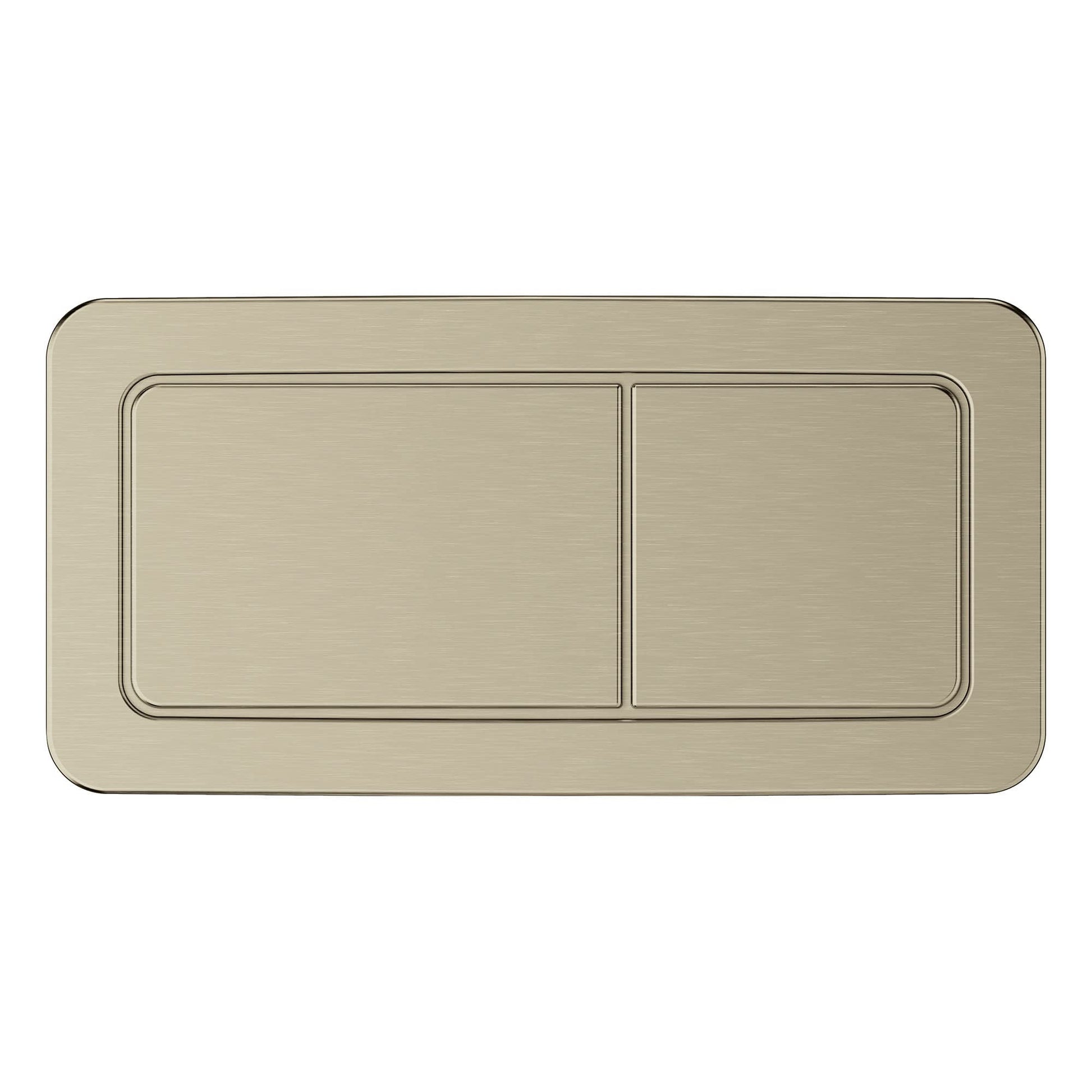 Rectangular brushed nickel dual flush actuator plate with two rectangular buttons.