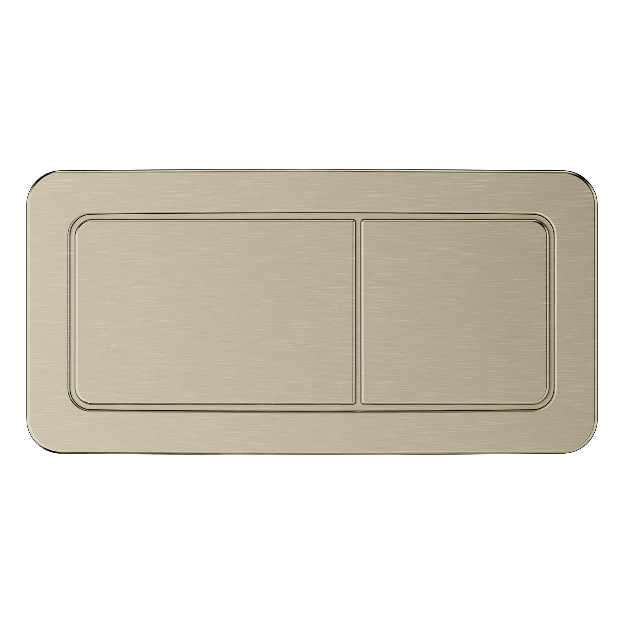 Rectangular brushed nickel dual flush actuator plate with two rectangular buttons.