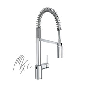 Chrome pulldown kitchen faucet with high arc spout, coiled hose, and wave sensor with hand gesture indicator.