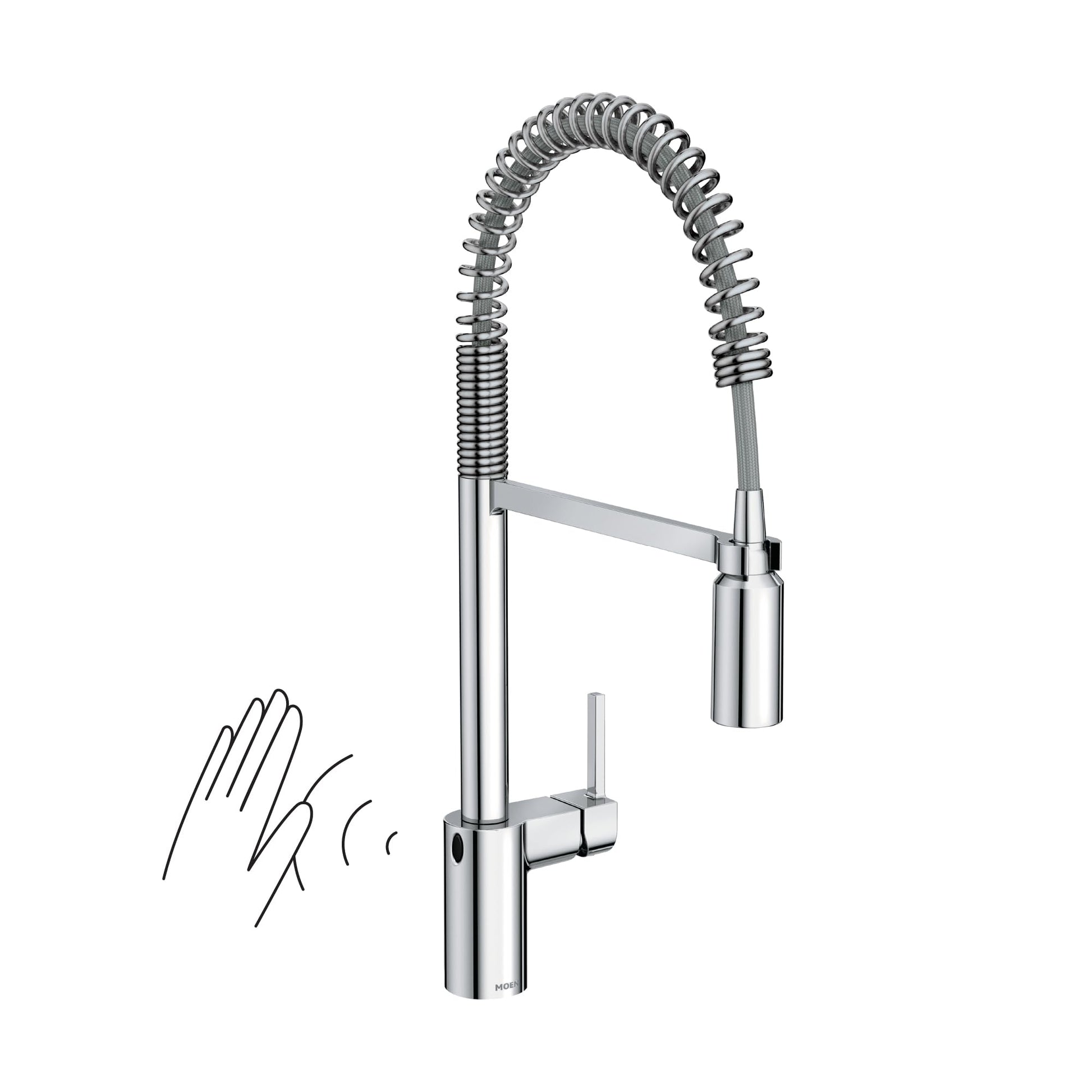Chrome pulldown kitchen faucet with high arc spout, coiled hose, and wave sensor with hand gesture indicator.