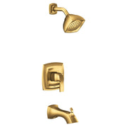 Brushed gold tub and shower trim kit with square showerhead, single lever valve handle, and curved tub spout.