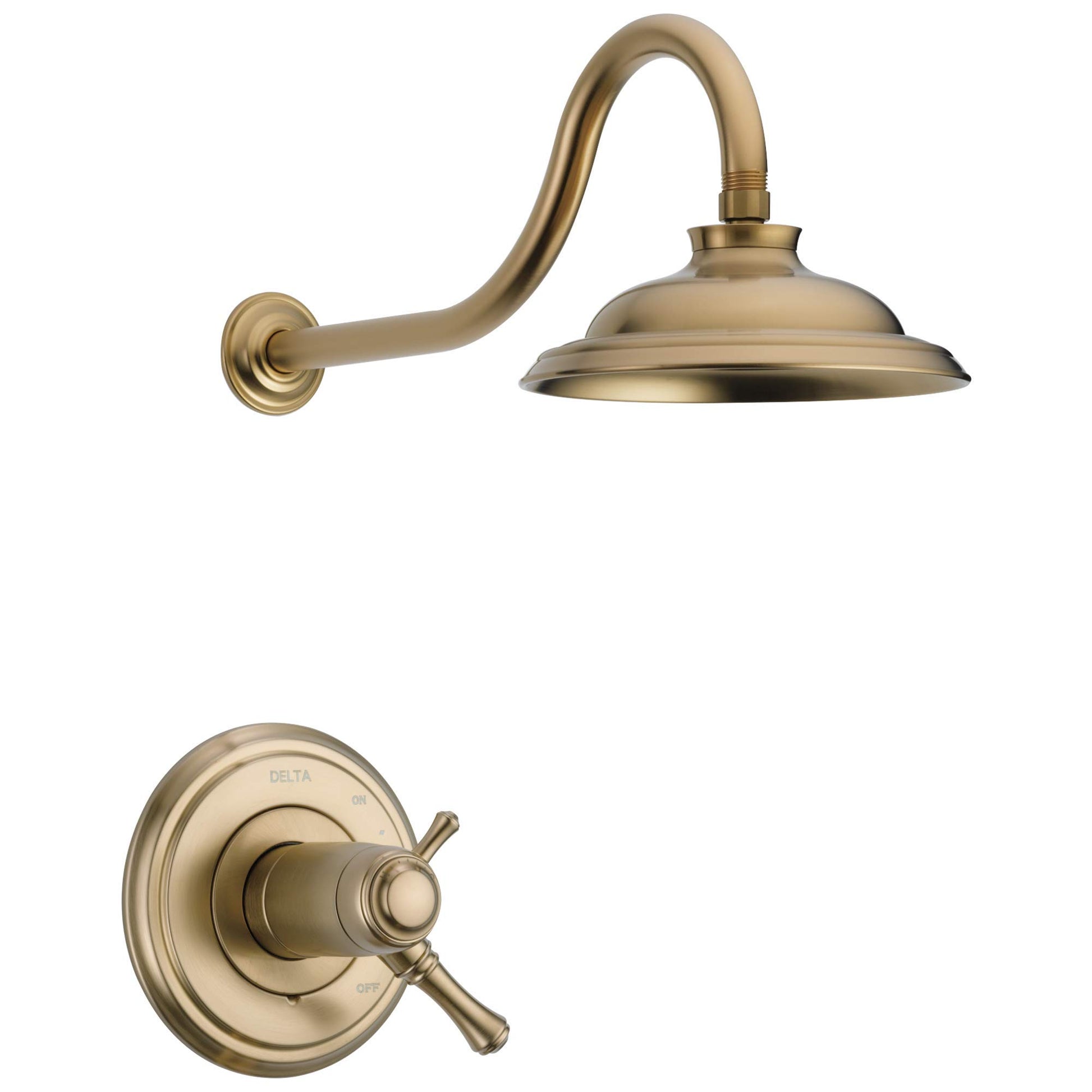 Champagne bronze shower trim with curved arm and round showerhead, includes valve control with cross handle.