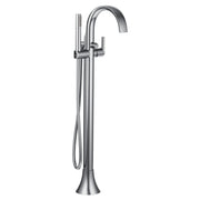 Chrome floor-mount tub filler with curved spout, single handle, and detachable handshower on hose.