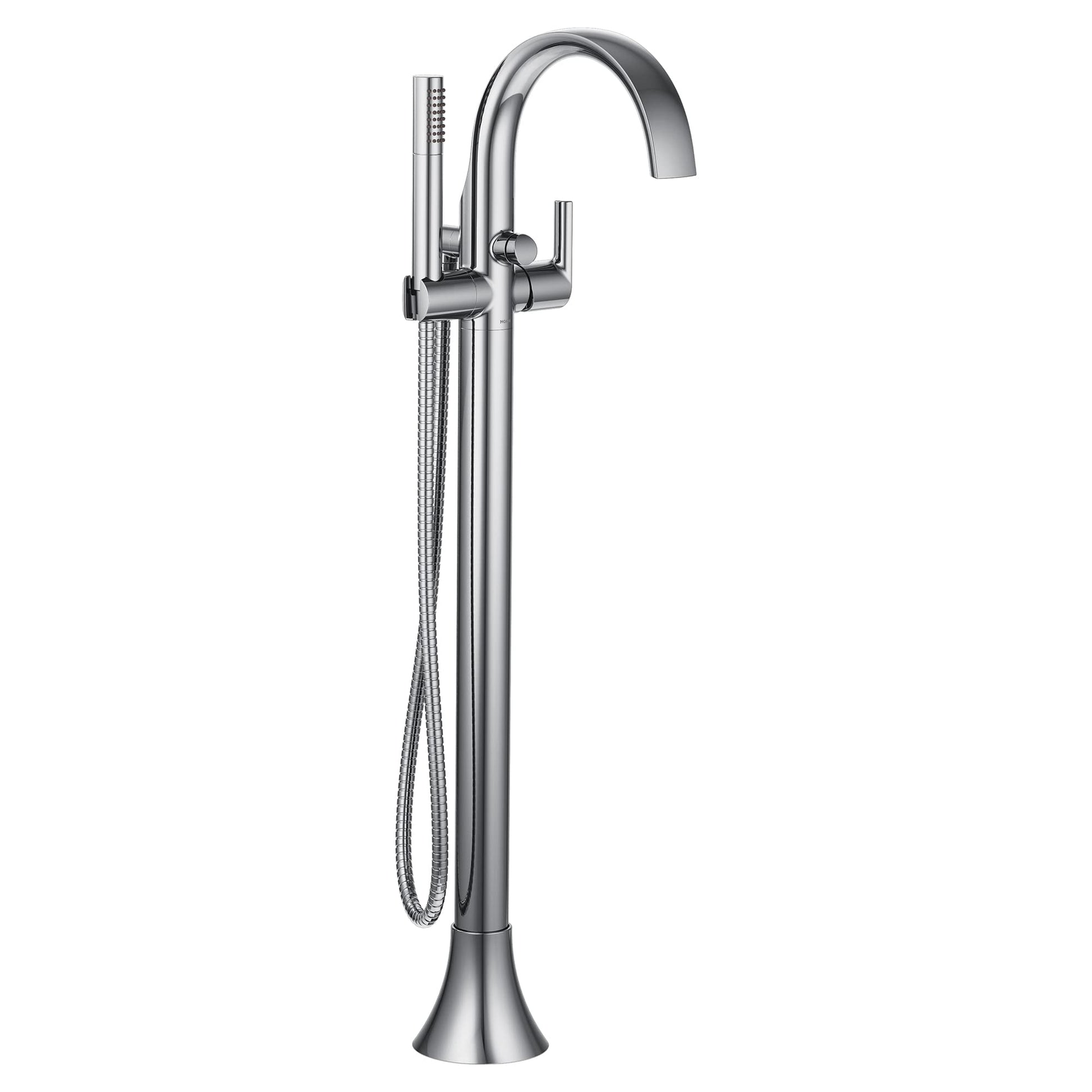 Chrome floor-mount tub filler with curved spout, single handle, and detachable handshower on hose.