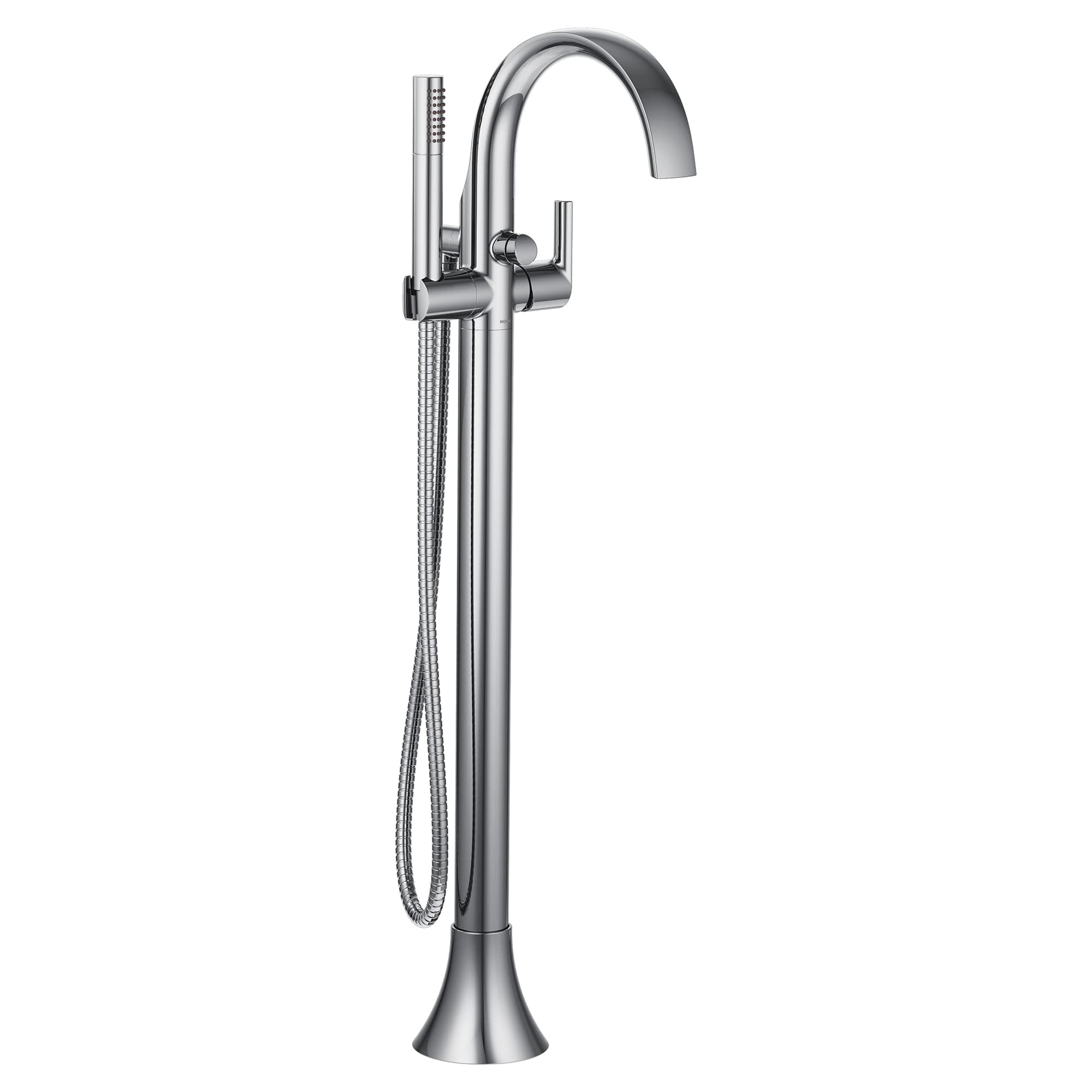 Chrome floor-mount tub filler with curved spout, single handle, and detachable handshower on hose.