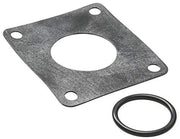 Gray metal seal plate with four corner mounting holes and central opening, paired with black rubber O-ring.