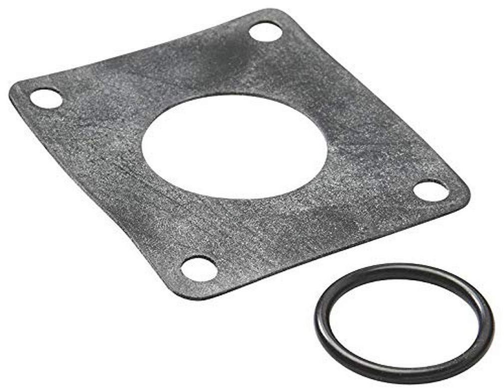 Gray metal seal plate with four corner mounting holes and central opening, paired with black rubber O-ring.
