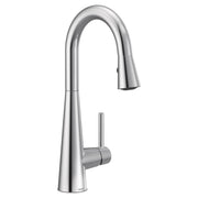 Chrome single-handle high-arc pulldown kitchen faucet with curved spout and cylindrical control lever.