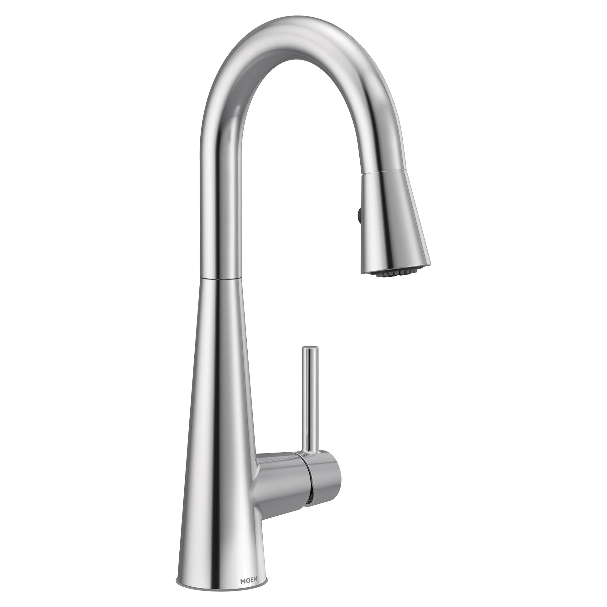 Chrome single-handle high-arc pulldown kitchen faucet with curved spout and cylindrical control lever.