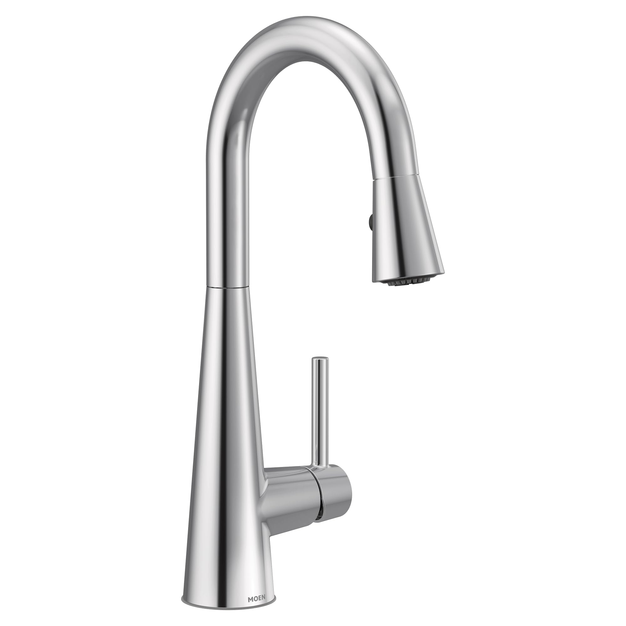 Chrome single-handle high-arc pulldown kitchen faucet with curved spout and cylindrical control lever.