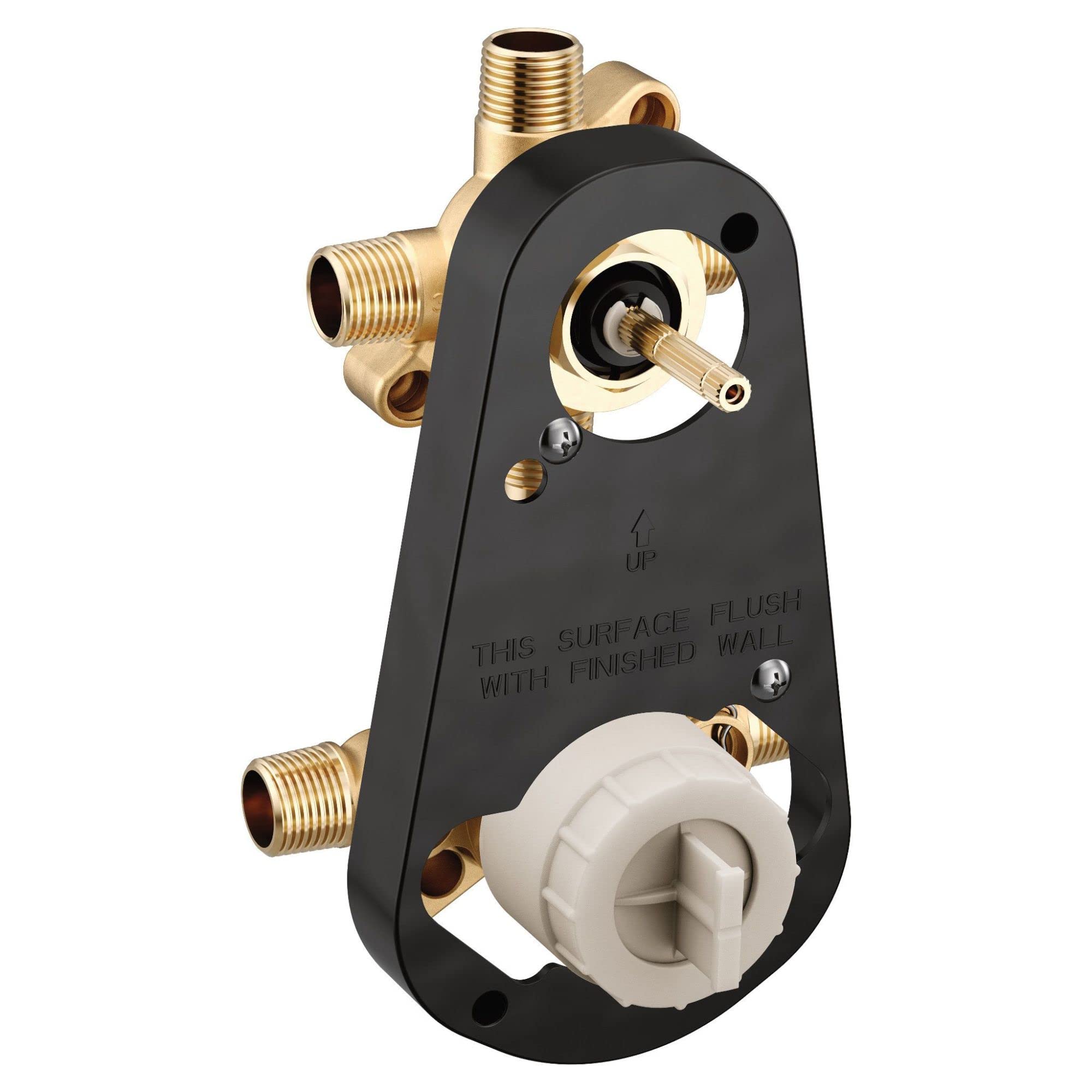 Brass transfer valve with black trim plate, threaded ports, and white cartridge valve body for shower plumbing installation.