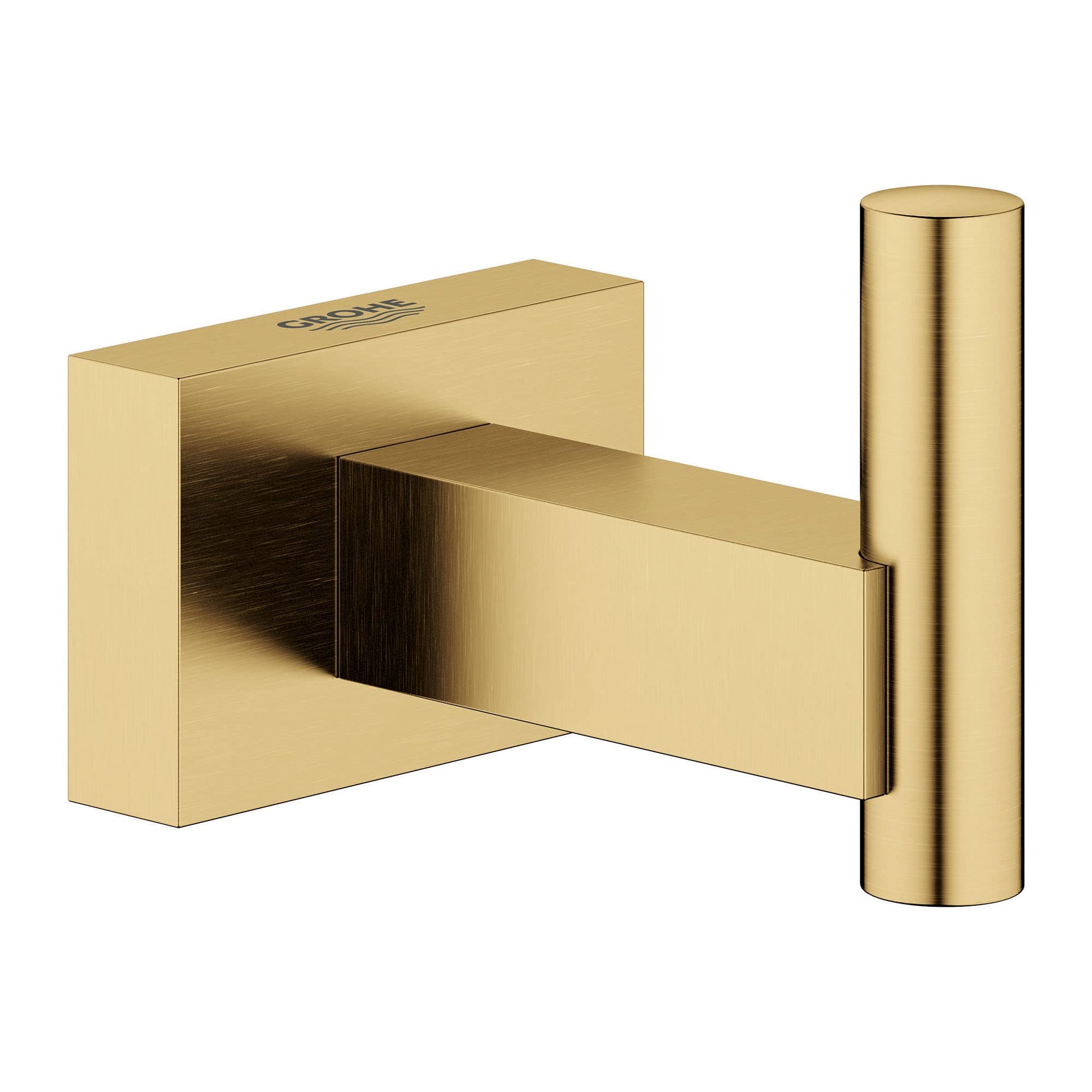 Brushed gold cubic wall-mounted robe hook with cylindrical hanging arm.